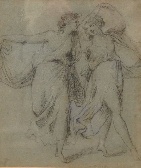 Manner of Angelica Kauffmann, R.A (1741-1807), charcoal, Two classical robed women dancing, impressed ‘From the Mayer Collection’ to the mount, 26 x 23cm. Condition - fair